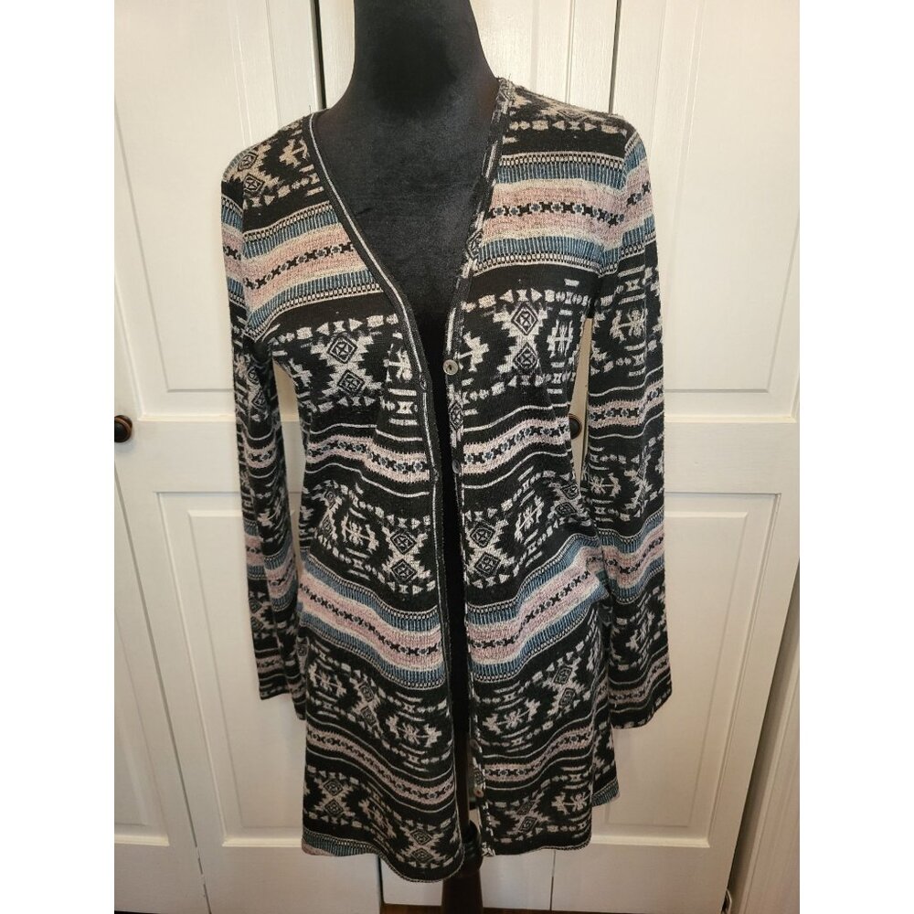 Black/Pink Stretch Aztec Print Duster Button Up M Boho Hippie Western Southwest